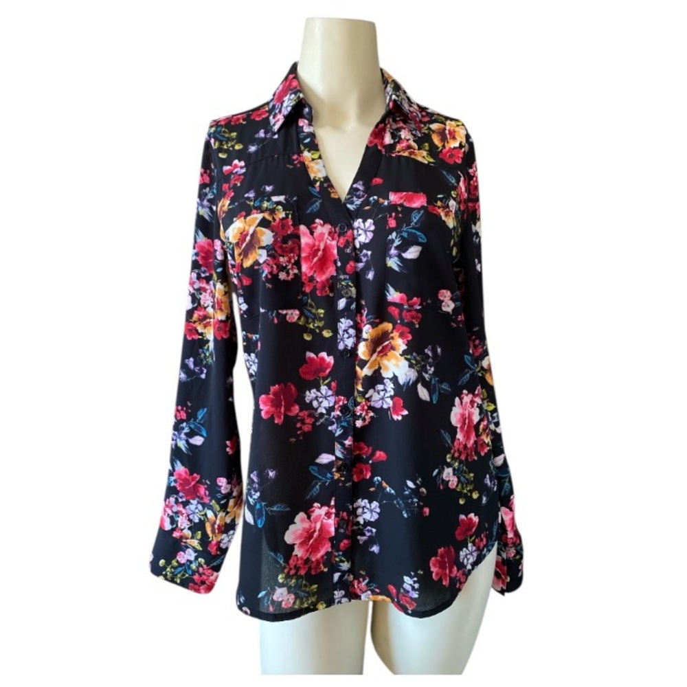 Express Portofino Shirt Womens Small Black Vibrant Floral Slim Fit Flowy Career